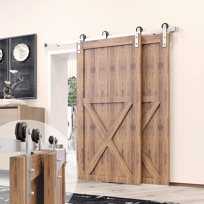 Homacer Brushed Nickel Single Track Bypass Sliding Barn Door Hardware Kit, for Two/Double Doors, 7.5ft Long Flat Track, StraightDesign Roller