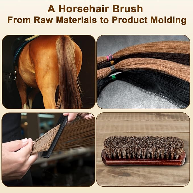 4-Piece 100% Horse Hair Shoe Brush Kit for Leather Care – Professional Dauber Applicators and Polishing Brushes with Cleaning Cloth for Leather Shoes, Boots, Bags, Jackets & Car Detailing