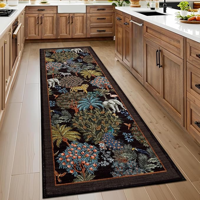 GarveeHome Jungle Rug 2.5x10 Kitchen Runner Rug Non Slip Washable Runners for Hallways, Animal Print Runner Rugs with Rubber Backing Low-Pile Forest Long Carpet for Bedroom Entryway Laundry, Black