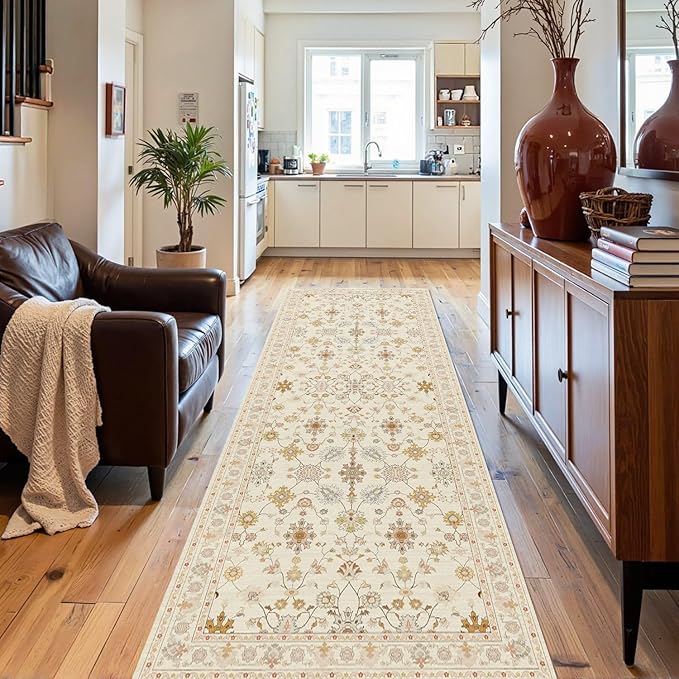2x6 Floral Runner Rug, Washable Runners for Hallways, Apricot Vintage Boho Kitchen Rugs, Non Slip Hallway Runner Carpet for Indoor Hallway, Kitchen, Laundry Room and Bathroom