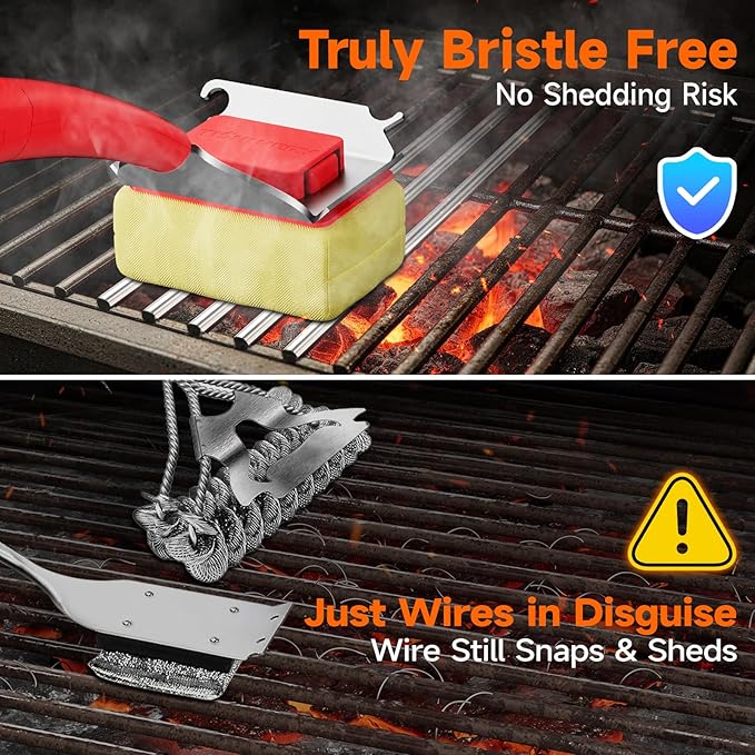 Bristle Free Grill Brush with Scraper for Outdoor Grill Cleaning, Safe Steam BBQ Grill Cleaner, Replaceable Head, Grilling Accessories for Cast Iron, Stainless Steel, Porcelain, Ceramic Grates - Red