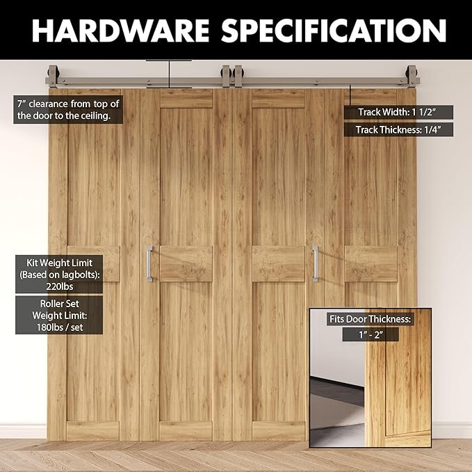 Homacer 60in Brushed Nickel Top Mount Bi-Folding Sliding Barn Door Hardware Kit for 4 Doors,Heavy Duty, Quietly,Easy to Install (Door Not Included)