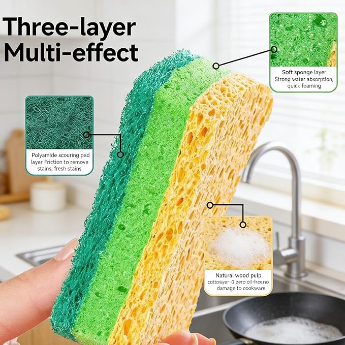 6 Pack Heavy Duty Kitchen Sponge Dish Sponges Double-Sided Dishwashing Scrub Sponges (Green)