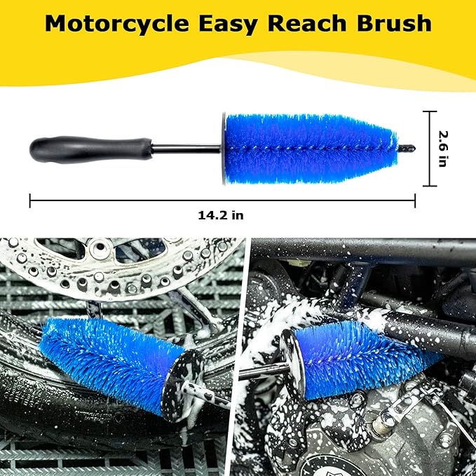 Motorcycle Cleaning Kit 6 Pack with Easy Reach Brush,Tire Brush,Wool Wash Mitt,Chain Brush,Detailing Brush and Microfiber Towel for Cleaning Motorcycle Mudguard,Rims,Exhaust,Frame
