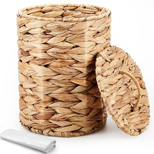 Ctosree 1.3 Gallons Small Trash Can with Lid Handle Boho Woven Braided Bathroom Waste Basket Trash Can with 100 Garbage Bags for Bedroom Office Laundry (Natural,Braided Wicker,Round)