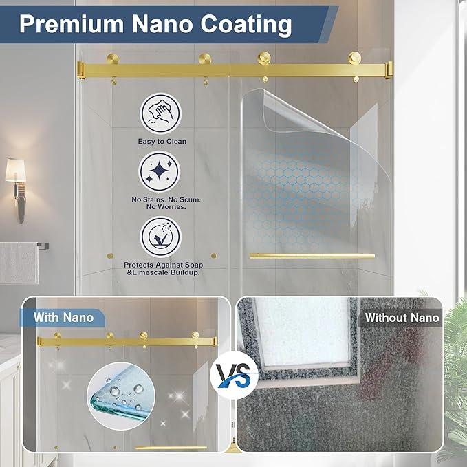 Frameless Double Sliding Shower Doors, 43-48" W x 76" H Shower Glass Door, 1/4" (6mm) Thick ANSI Certified Tempered Glass with Explosion-Proof Film and Nano Coating, Brushed Gold