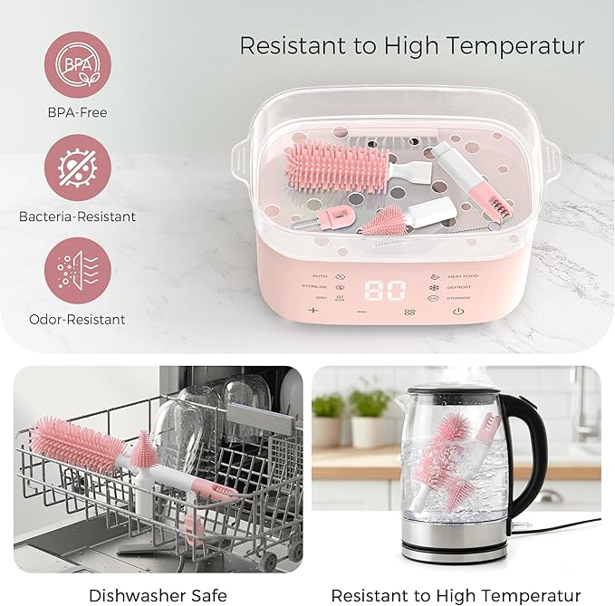 Baby Bottle Brush Set,8 in 1 Magnetic Design Cleaner Bottle Brush Kit with Silicone Brush,Drying Rack for Baby Bottle, Breast Pumps,Nipples - Home&Travel Gift for New Parents
