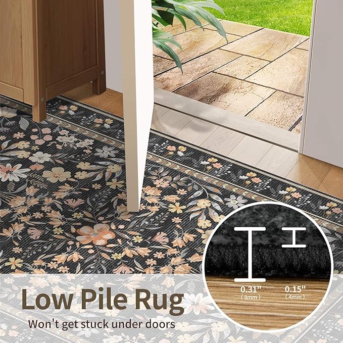 3x5 Rug for Entryway Bedroom, Black 3x5 Washable Area Rug, Floral Vintage Retro Boho Throw Rug, Non Slip & Low Pile Small Carpet for Indoor Kitchen, Bedside, Living Room, Bathroom and Dining