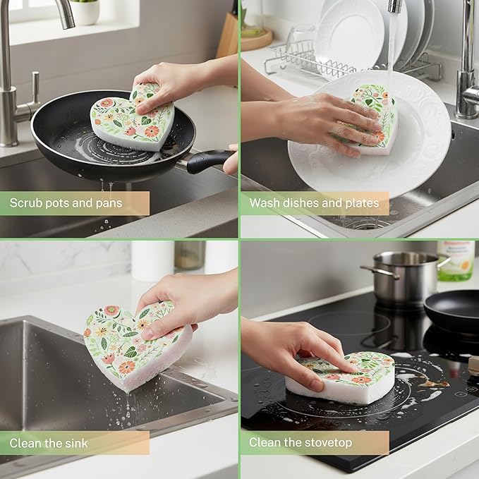 5 Pack Heart Shaped Sponges, Non-Scratch Cleaning Sponges with Floral Pattern, Kitchen Heavy Duty Scrub Sponge, Pop Up Eco Valentine's Day Sponges (Green)
