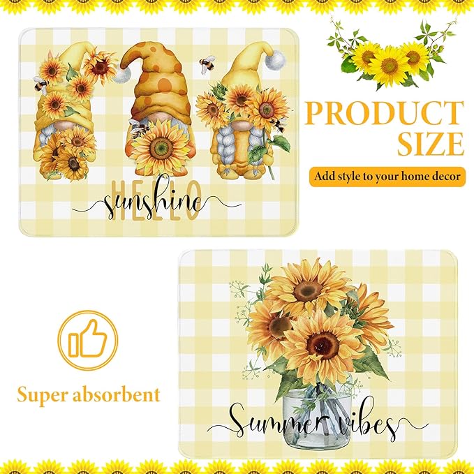 2 Pcs Sunflower Dish Drying Mat for Kitchen, Summer Absorbent Microfiber Dish Mat Counter Sunflower Gnome 18 x 24 Inch Dish Draining Mat Dish Drying Pad Reusable Washable Mat