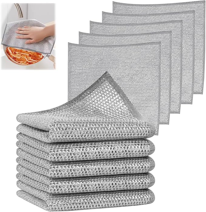SINLAND Silver Mesh Dish Cloths Wire Dish Washing Rags Magic Cleaning Cloths Stainless Steel Metal Cloth for Dishes Sinks Counters Stove Tops Easy Rinsing 7.87x7.87 Inch 10 Pack