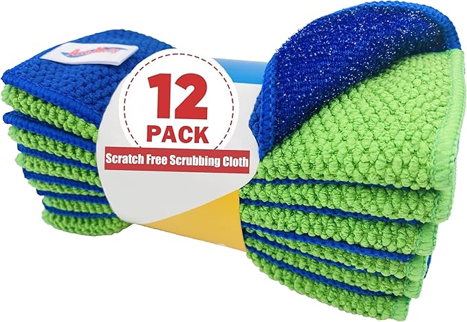 12-Pack Reusable, Scrub Dish Cloth –Non-Scratch Microfiber Scrubber, Planet-Friendly, Easy Rinsing, Quick Dry, Dishwasher Safe Cloth for Kitchen & Household, 6 x 6 Inch, Blue & Green Assorted