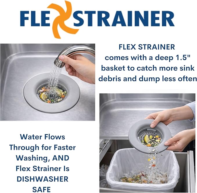 Flex Strainer® Sink Drain Strainer with Optional Stopper – No Center Stem, Fits Standard 3½” Sink Drains & Disposals – Easy Clean, Dishwasher Safe – Made in USA – Grey, 2-Pack