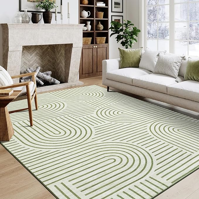 Washable Rug 6x9 Area Rugs for Living Room, Abstract Rug for Bedroom, Soft Rainbow Non Slip Throw Rugs with Rubber Back, Low Pile Stain Resistant Boho Geometric Carpet for Dining Room, Green