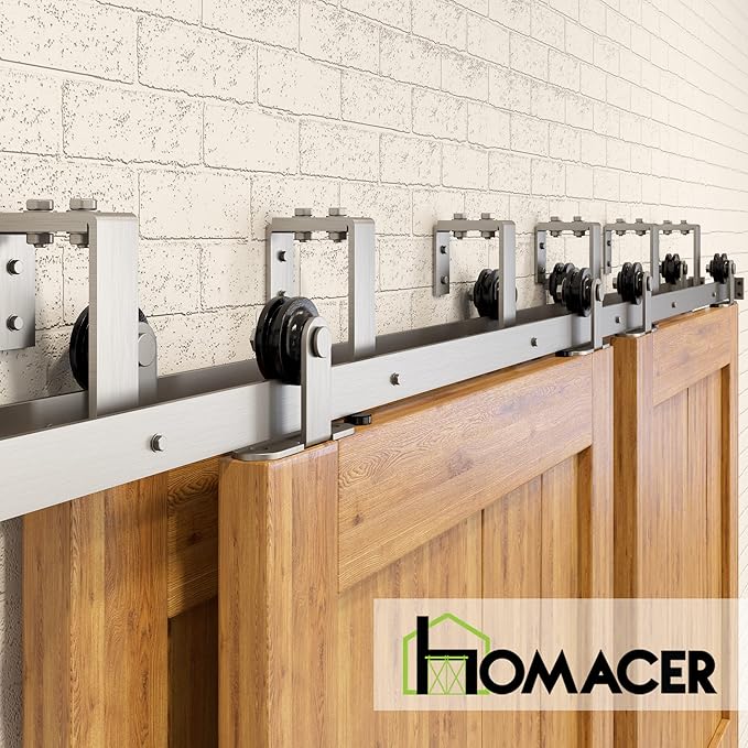 Homacer Brushed Nickel Double Track U-Shape Bypass Sliding Barn Door Hardware Kit, for Four Doors, 6ft Long Flat Track, T-Shape Design Roller