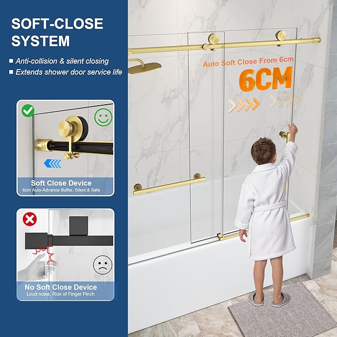 Frameless Tub Sliding Door,5/16" (8mm) Bathtub Shower Door with Soft-Close & Anti-Leak,Nano Coating Anti-Explosion Film SGCC Tempered Glass 55"-60" W x 60" H,Brushed Gold