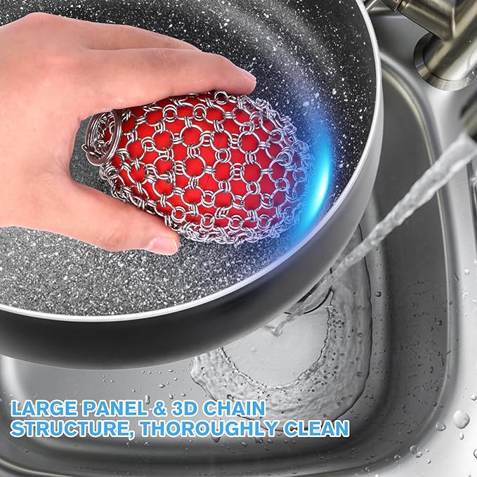 Cast Iron Scrubber & Scraper Set with Hook - Ergonomic 316 Chainmail Scrubber for Cast Iron Skillets, Dutch Oven, Baking Sheet, Crock Pot, Grills & More - 2Pack