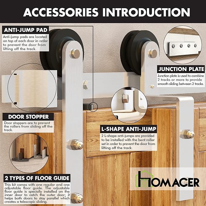 Homacer Brushed Nickel Single Track Bypass Sliding Barn Door Hardware Kit, for Three Doors, 12ft Long Flat Track, StraightDesign Roller, (2 Flat+ 1 Bent Roller Set)