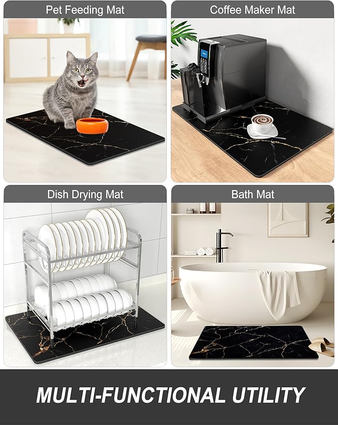 Rnivvi Dish Drying Mat for Kitchen Counter, 12 x 19" Cute Marble Super Absorbent Draining Pad, Non-Slip Heat Resistant Coffee Bar Mats for Coffee Machine Station Accessories, Black Gold Dish Rack Pad