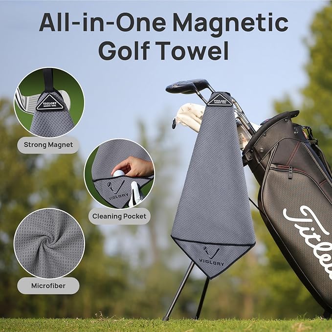 Magnetic Golf Towel for Bag 18" x 18" with Clip Exclusive Cleaning Pocket Microfiber Waffle Ultra Absorbent Club Ball Cleaner, Essential Golf Accessories and Gifts for Men Women(Gray 1 Pack)