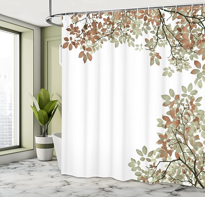 Ambesonne Leaves Shower Curtain, Broad Leaves Close-up Background Autumnal Foliage Shrubs Illustration Print, Cloth Fabric Bathroom Decor Set with Hooks, 69" W x 84" L, Cinnamon and White