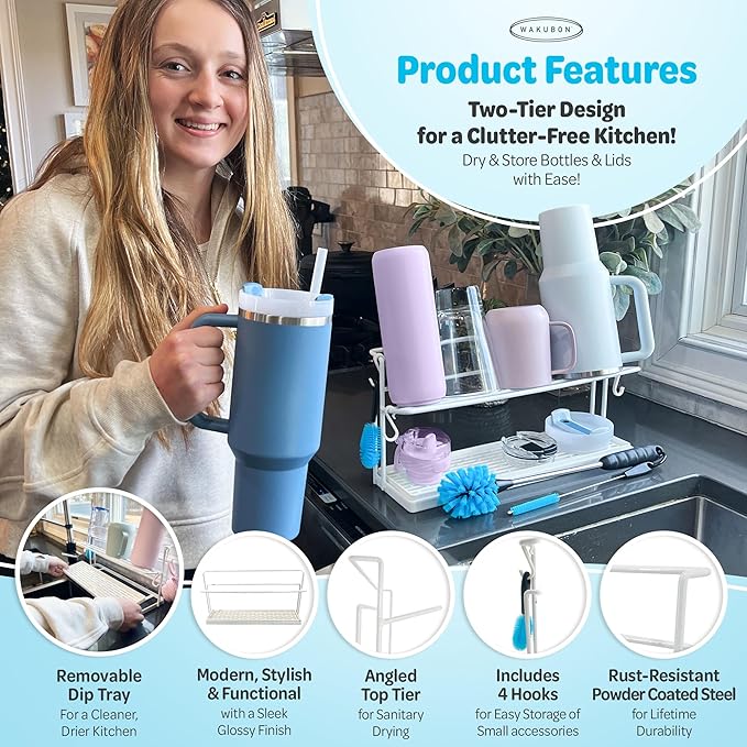 Bottle Drying Rack for Kitchen Countertop - Two-Tier for Water Bottles and Tumblers, Space-Saving Storage Stand with Drainage Tray, Includes Water Bottle Drying Rack Brush Cleaning Set (White)