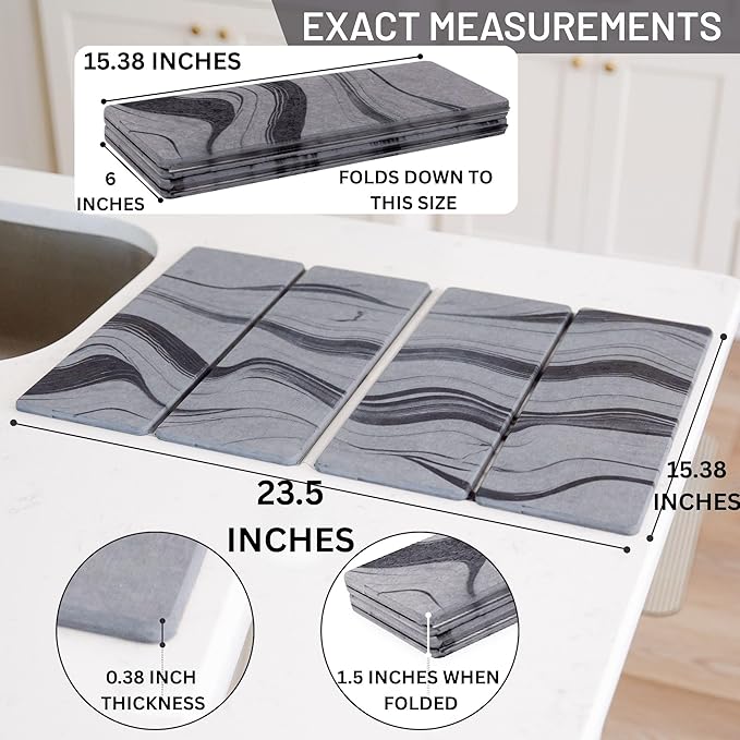 Large Stone Dish Drying Mat for Kitchen Counter | 23.5” L x 15.3” W Diatomaceous Earth Quick Drying Pad | Foldable & Super Absorbent Dish Drying Stone for Plates, Bottles & Utensils | Gray