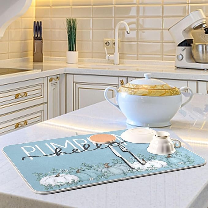 Fall Pumpkin Aqua Blue Dish Drying Mat for Kitchen Countertop 18x24 Eucalyptus Leaves Turquoise Autumn Large Drying Mat Reusable Quick Dry Dish Sink Mats Easy Clean Decorative Essentials