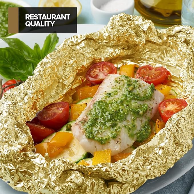 200 Count Pre-Cut Deli Gold Aluminum Foil - Heavy Duty 12' Pop Up Sheets for Restaurant, Disposable Foil for Food, Burrito, Hot Dog or Sandwich