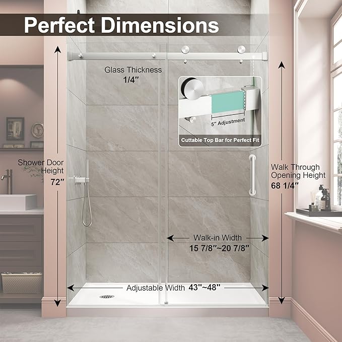Frameless Shower Door,Single Sliding Glass Shower Door with Nano Coating & Safety Film, Adjustable 43"-48" W x 72" H, Brushed Nickel,1/4" (6mm) SGCC Tempered Glass