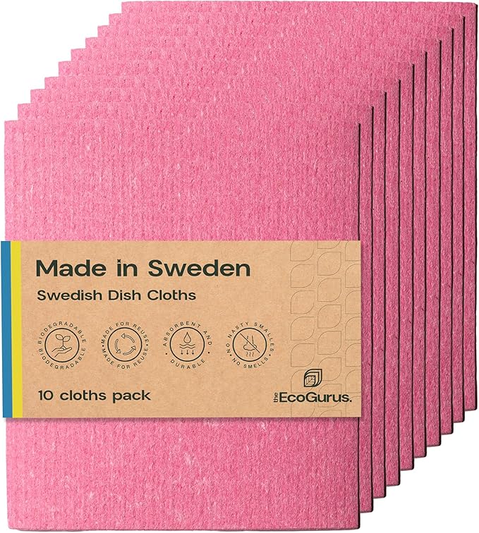 Original Swedish Dishcloth – Made in Sweden, 10 Cloths, Reusable & Biodegradable Cellulose Sponge for Kitchen, Suitable for All Surfaces, Odour Resistant Eco Cleaning – Pink