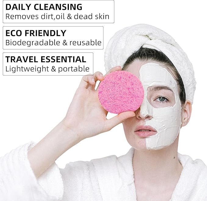 50-Count Compressed Facial Sponges|Kickleen 100% Natural Cellulose Cosmetic Spa Sponges for Daily Facial Cleansing|Makeup and Mask Removal|Exfoliating|Skin Massage|Pore Exfoliation (50 Count (Pink))