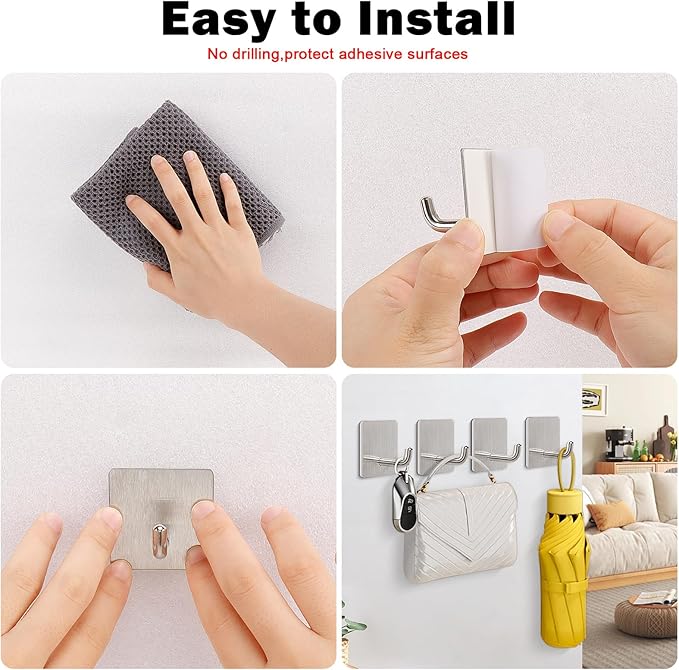 Livabber Adhesive Towel Hooks, 304 Stainless Steel Self Sticky Wall Hooks Waterproof Shower Hooks for Robe/Clothes, No Drilling Towel Hangers for Bathroom Kitchen Bedroom (Brushed Nickel, 6 Packs)