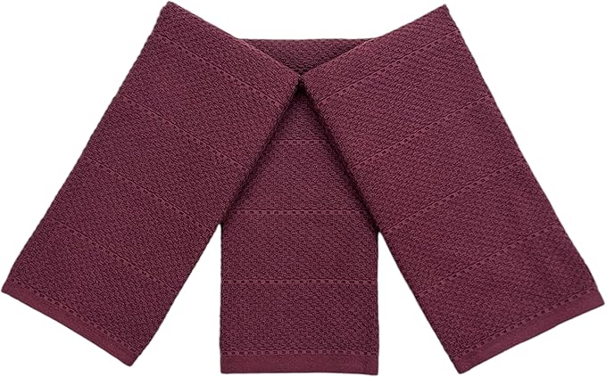 Purple Burgundy Wine Kitchen Hand Dish Towels: Oversized 28" x 18",100% Cotton Cloth Soft Cleaning Drying Absorbent Textured Design, Set of 3 Multipurpose for Everyday Use (Wine)