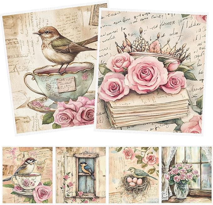 Floral Swedish Dishcloths for Kitchen, 6 Pack Flower and Birds Reusable Dish Paper Hand Towels Housewarming Gifts, Absorbent Dish Rags for Home Cooking Cleaning