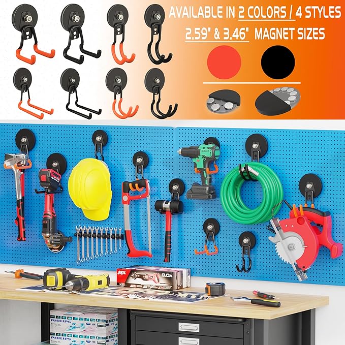 ULIBERMAGNET New Upgraded Ultra-Strong Magnetic Hooks,2 Pack Heavy Duty Ultimate Magnetic Hooks with 40LB Hold for Extension Cord, Hose, Rope, D-Handle Tools, Garden Tools (Orange/3.46inch)