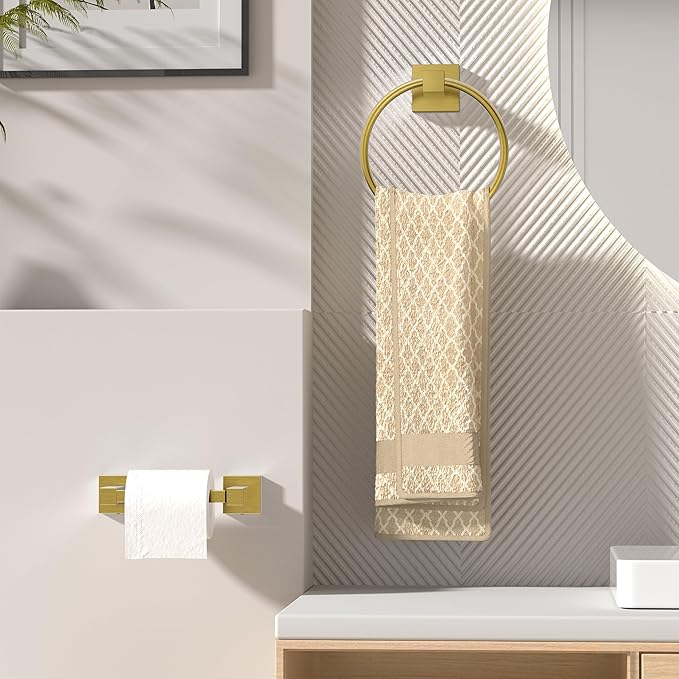 FORIOUS Toilet Paper Holder Wall Mount and Hand Towel Ring Set, SUS 304 Stainless Steel Double Post Pivoting Tissue Roll Holder, Modern Bathroom Hardware Accessories Set, Brushed Gold