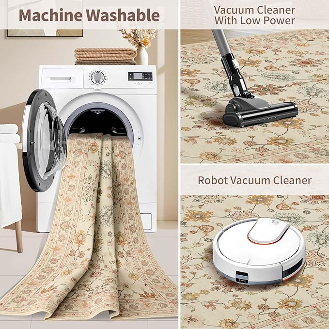 2x6 Floral Runner Rug, Washable Runners for Hallways, Apricot Vintage Boho Kitchen Rugs, Non Slip Hallway Runner Carpet for Indoor Hallway, Kitchen, Laundry Room and Bathroom