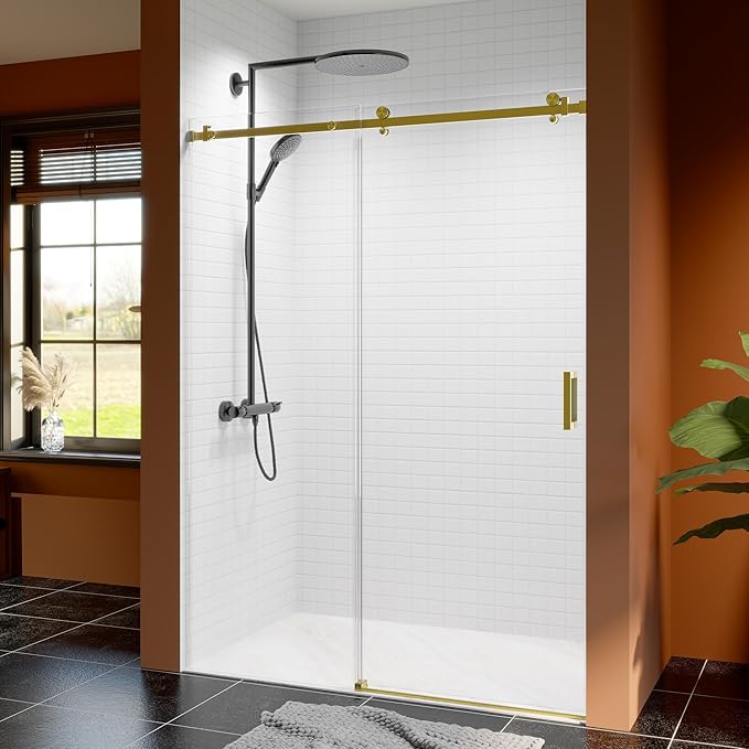 50-54 Inch Frameless Sliding Shower Door, 76" Height, 5/16" (8mm) Clear Tempered Glass, Smooth Gliding Track & Anti-Jumping System, Stainless Steel Brushed Gold Finish