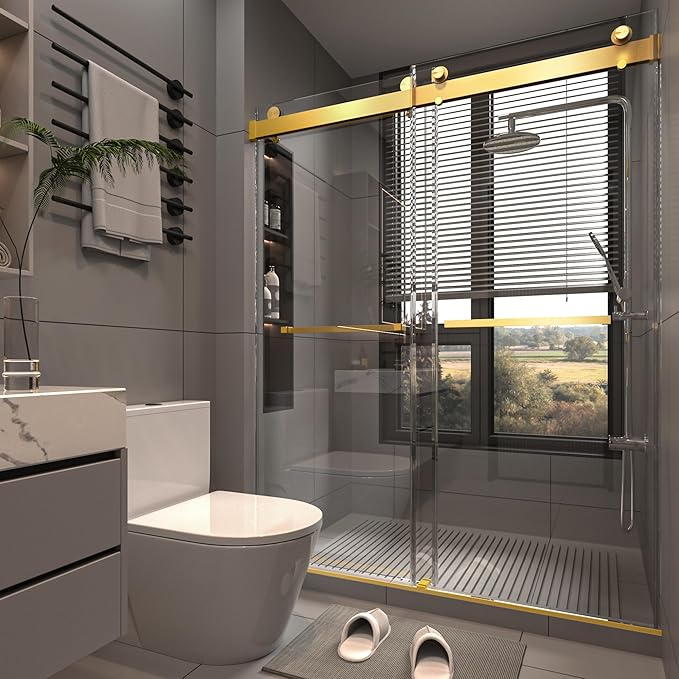 Shower Door 56–60 in W x 76 in H 3/8" Tempered Glass Double Sliding Shower Door Frameless Brushed Gold Exquisite Rolling Track Design Reversible Installation for Modern Bathroom