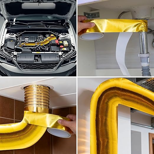 Aluminum Foil Tape, 2in x 33FT Fiberglass Heat Shield Tape, Golden Self-Adhesive Heat ReflectiveTape, Exhaust Heat Resistant Tape, for Hose and Auto Use