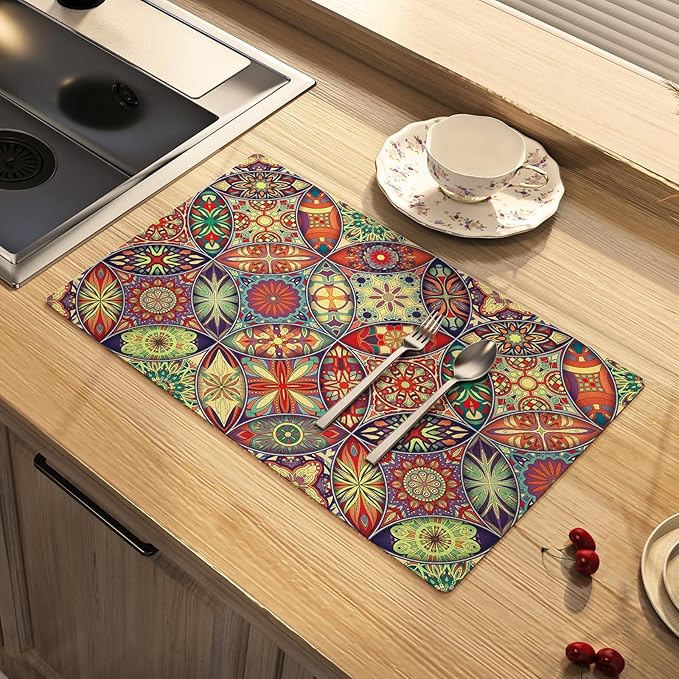 Dish Drying Mat Bohemian Absorbent Coffee Mat Rubber Backed Paisley Moroccan Soft Silicone Kitchen Dish Draining Mat for Kitchen Bathroom Coffee Bar (Red Green, 12 x 16 Inches)
