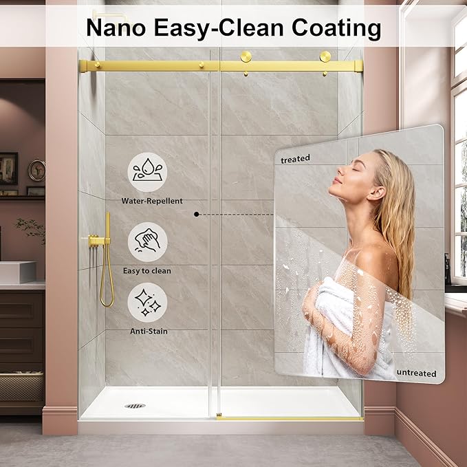 Frameless Shower Door,Single Sliding Glass Shower Door with Nano Coating & Safety Film, Adjustable 49"-54" W x 72" H, Brushed Gold,1/4" (6mm) SGCC Tempered Glass