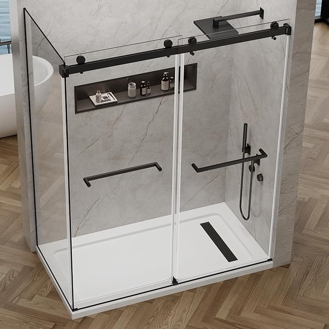 60x76 in Frameless Double Sliding Shower Door with 32x76 in Side Panel, Nano Glass, 304 Stainless Steel in Matte Black, L-Shape Design, Reversible Install