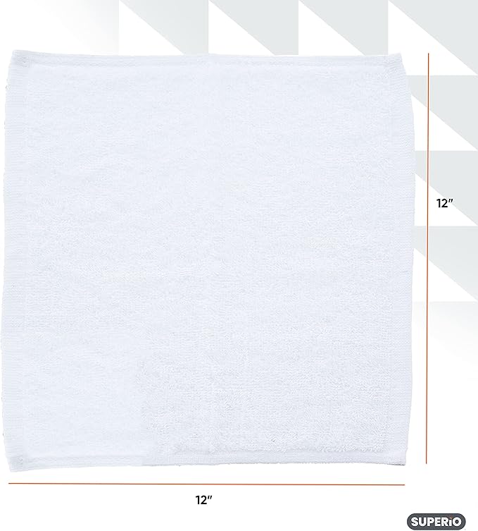 Superio White Washcloths 12 Pack Terry Cloth Rags 100% Cotton 12" Cleaning Cloths, Kitchen Towels, Facial Washcloth, Spa Cloths, Hand Towel, Small Lint Free Rags for Multi-Purposes