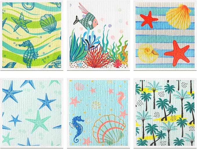 6 Pcs Swedish Kitchen Dish Towels Kitchen Cloths Reusable Sponge Cleaning Cloths Absorbent Dish Cloth Quick Drying Washable Cleaning Wipes No Odor Hand Towel (Ocean)