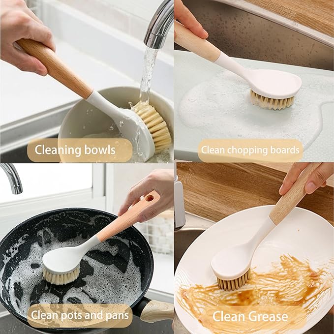 Dish Brush with Built-in Scraper, Non-Slip Durable Plastic Handle Heavy Duty Scrubber for Pots and Pans, Kitchen Sink Cleaning Caked-On Food, 2 Pack
