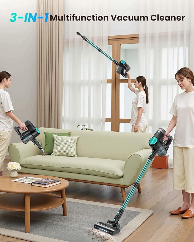N3T Cordless Vacuum Cleaner,Wireless Stick Vacuum with 40mins Runtime,Self-Standing,Anti-Tangle Brush,Rechargeable Lightweight Vacuum Cleaner for Home,Hardwood Floor,Pet Hair, Carpet-Cyan Green