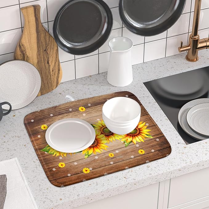 Summer Sunflower Bee Dish Drying Mat for Kitchen Counter,Rustic Yellow Flowers White Polka Dots Drying Mat 16 x 18 Inch with Absorbent Reversible Microfiber Drying Pad for Coffee Bar