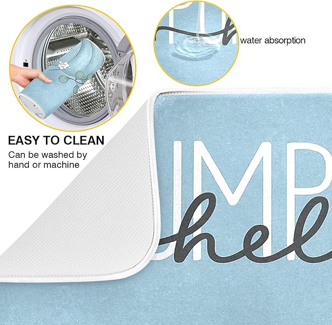 Fall Pumpkin Aqua Blue Dish Drying Mat for Kitchen Countertop 18x24 Eucalyptus Leaves Turquoise Autumn Large Drying Mat Reusable Quick Dry Dish Sink Mats Easy Clean Decorative Essentials